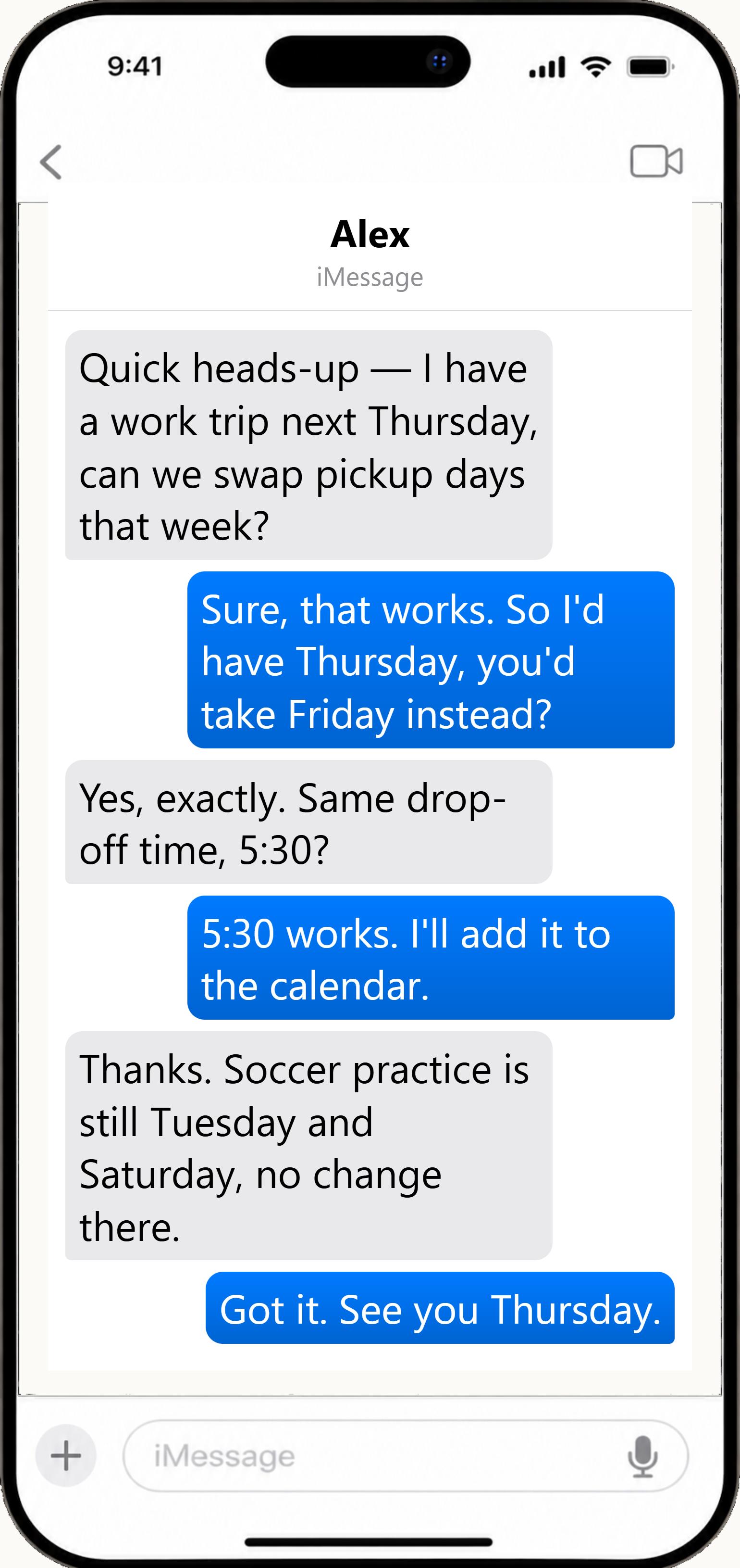 An iPhone displaying the Messages app with a sample co-parenting conversation about a custody-exchange schedule change