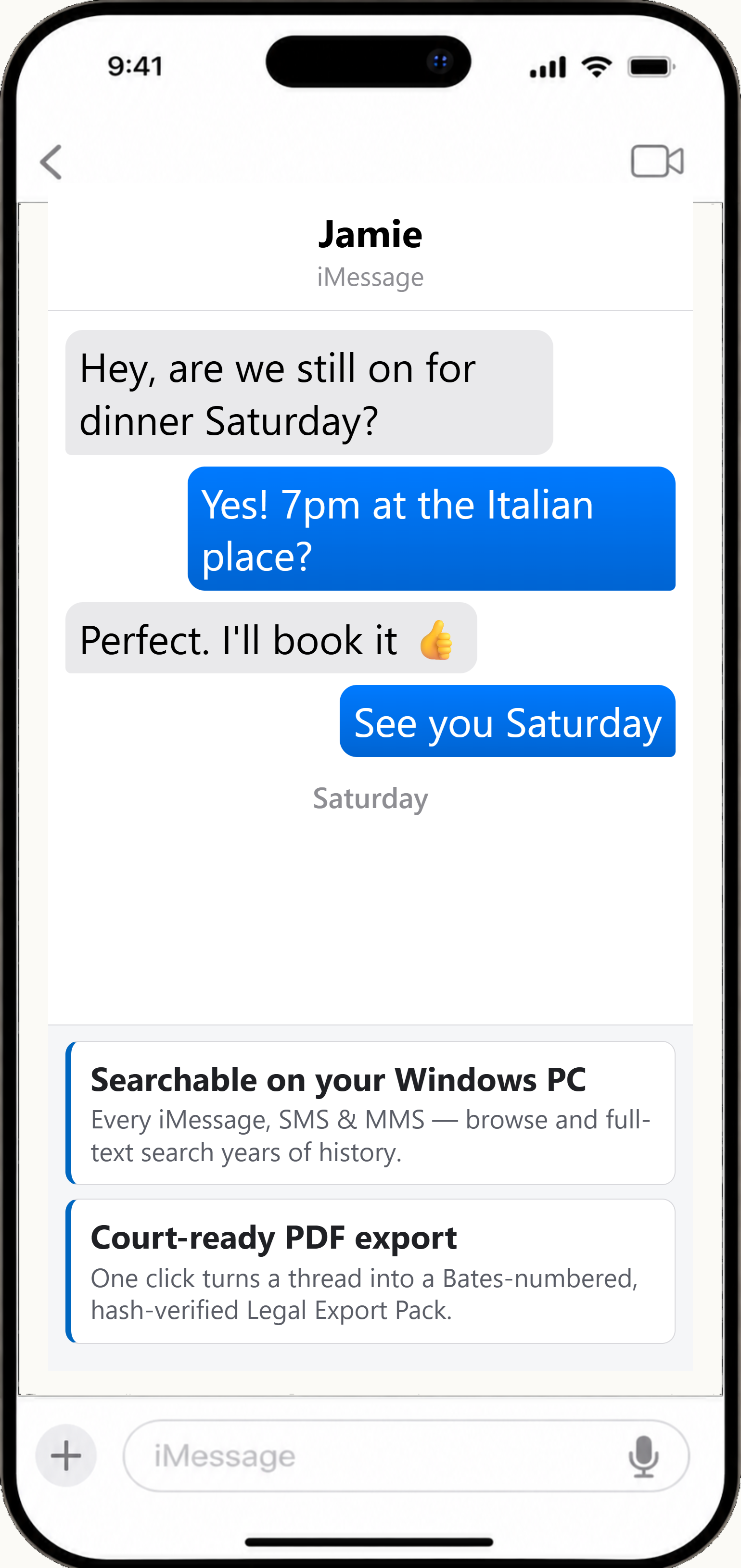An iPhone displaying the Messages app with a sample conversation about weekend dinner plans