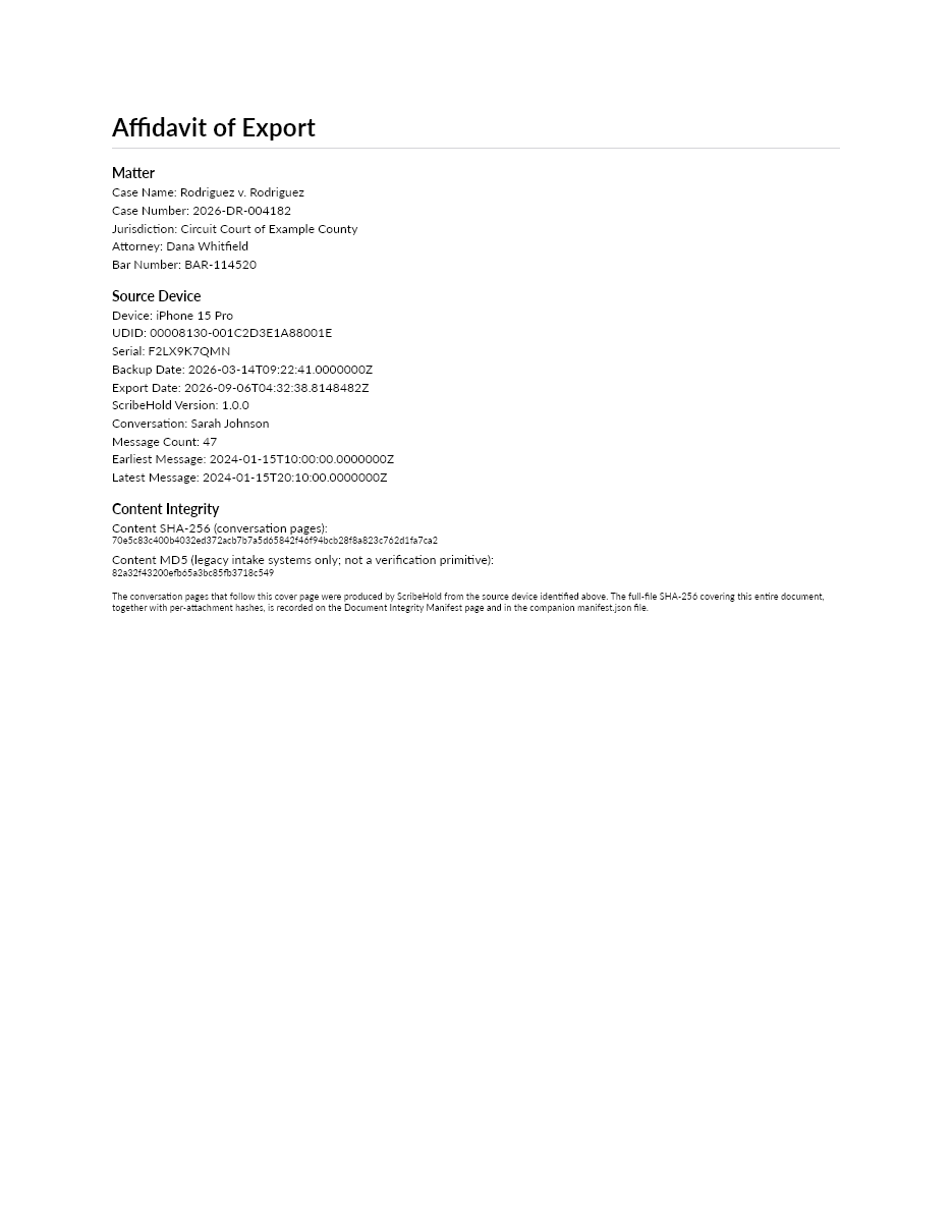 Affidavit of Export cover page listing matter, source device, and content integrity sections.