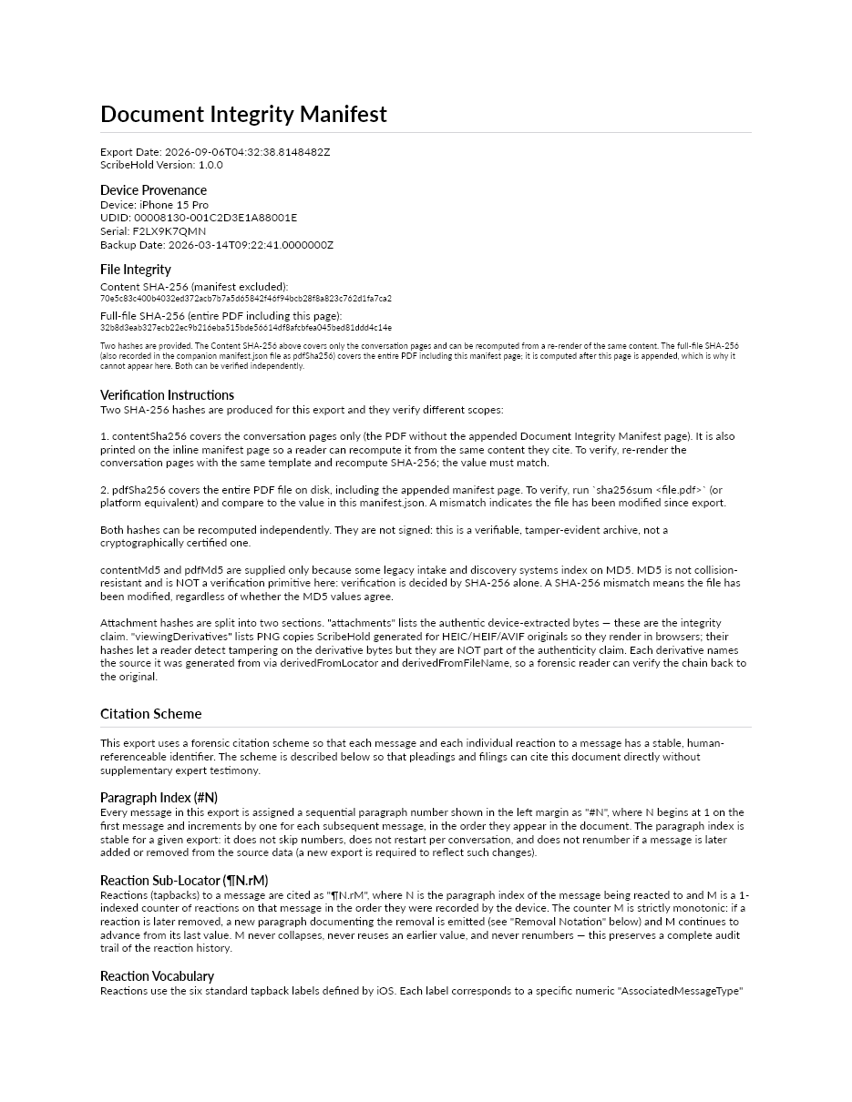 Document Integrity Manifest page listing device provenance, file integrity digests, and verification instructions.