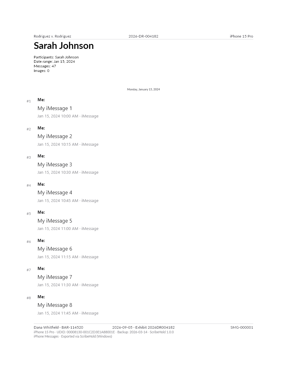 Transcript page with a running header, numbered messages, and a Bates number in the footer.