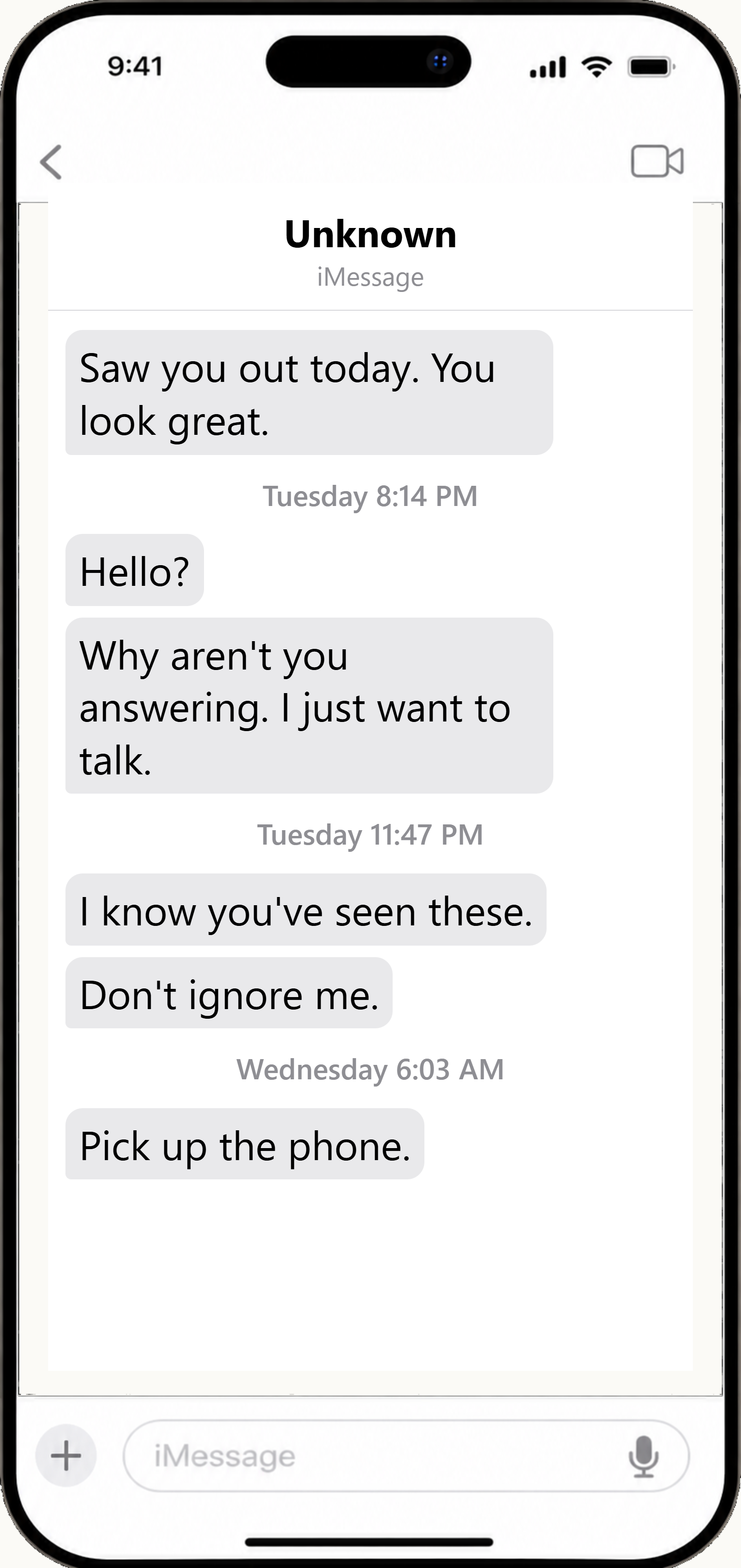 An iPhone displaying the Messages app with a sample conversation showing a pattern of unwanted contact