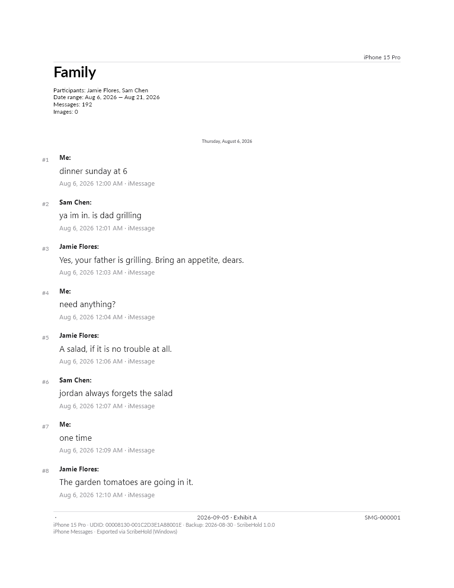 A page of the Family export, rendered in the Legal – Court Filing format.
