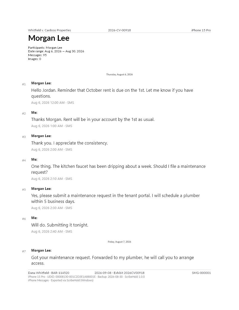 A page of the Whitfield v. Cardoso Properties export, rendered in the Legal – Court Filing format.